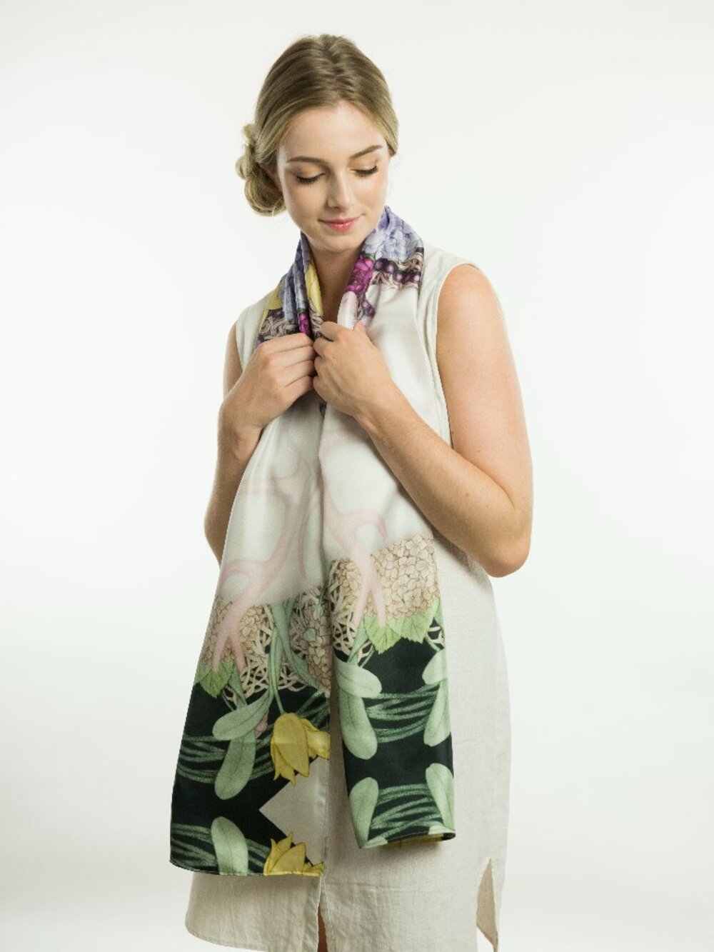 Misheo - Deer Garden Silk Scarf - Artist Designed Botanical & Wildlife Scarf